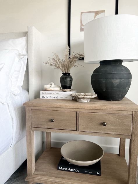 How To Style Nightstand, Side Table Decor Bedroom, Pottery Barn Bedroom Master, Modern Primary Bedroom, Bedroom Nightstand Decor, White Oak Nightstand, Nightstand Styling, Bedroom Nightstand, Nightstand Decor