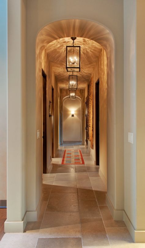 Montecito - Mediterranean - Hall - Santa Barbara - by Stuart D. Shayman Associates | Houzz Mediterranean Light Fixtures, Hallway Picture Ideas, Hallway Photo Gallery, Mediterranean Lighting, Tile Pictures, Hallway Pictures, Bright Artwork, Tiled Hallway, Hallway Design