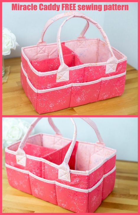 Miracle Caddy FREE sewing pattern. Here's a fabulous multi-purpose organizer to sew that’s perfect for taking your favorite craft supplies, classroom items, or baby gear on the go. This storage basket sewing pattern has a handle and divided compartments. A fun to sew fabric basket with handles, a great gift idea to sew for new moms and crafters. Sewing Caddy, Beginner Sewing Patterns, Free Sewing Patterns, Small Sewing, Free Sewing Pattern, Modern Bag, Sewing Tutorials Free, Sewing Organization, Sewing Blogs