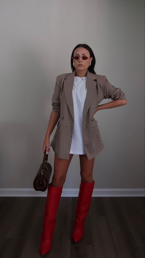 plaid blazer with red boots for fall outfit inspo #ad Red Blazer Outfit, Red Boots Outfit, Plaid Blazer Outfit, Fall Boots Outfit, Fall Closet, Boots For Fall, Blazer Outfit, Red Boots, Fall Fits