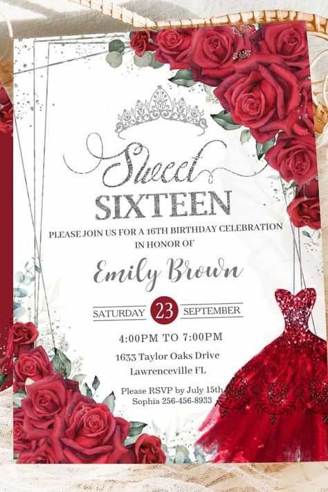 Sweet 16 Sixteen Silver Red Roses Floral Dress Invitation Sweet 16 Party Ideas Red, Red Sweet Sixteen, Red Sweet 16, 16th Birthday Decorations, 16th Birthday Invitations, 16 Birthday, Sweet 16 Invitations, Sweet 16 Parties, Sweet 16 Birthday