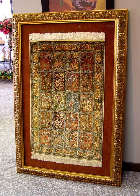 Large custom framed silk rug. Hand sewn to suede.This rug took the artist a year to weave. Custom framing by Centerville Framing and Gifts. Framing Tapestry, Framed Rug Wall Art, Rug On Wall, Fabric Framing, Framed Rug, Living Room Designs India, Framed Tapestry, Rug Wall Hanging, Bedroom Setup