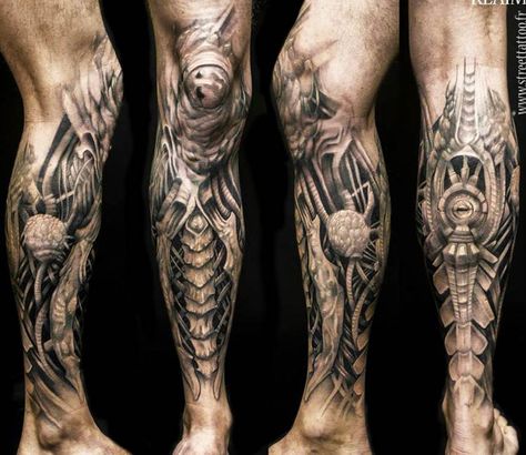 Perfect Biomechanical black and gray tattoo art by Klaim Street Tattoo | Post 11744 | World Tattoo Gallery - Best place to Tattoo Arts Mechanical Arm Tattoo, Biomech Tattoo, Covered In Tattoos, Biomechanical Tattoo Design, Tatoo 3d, Bio Organic Tattoo, Best Leg Tattoos, Organic Tattoo, Mechanic Tattoo