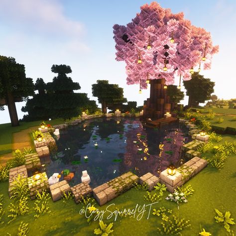 Ponds Minecraft Ideas, Farm For Animals Minecraft, Aesthetic Minecraft Garden Ideas, Cute Minecraft Greenhouse Ideas, Minecraft Building Ideas Pond, Ponds In Minecraft, Cherry Tree Builds Minecraft, Minecraft Duck Pond, Minecraft Twilight Forest Portal Ideas