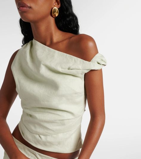 Iris one-shoulder linen top in green - SIR | Mytheresa Sir The Label, Linen Crop Top, Cuffed Top, Twist Top, Summer Linen, Outfit Goals, Basic Tops, Asymmetrical Hem, Linen Top