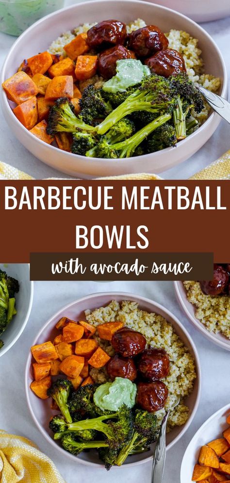 Meatball And Sweet Potato Recipes, Bbq Bowls Healthy, Healthy Meals With Red Meat, Healthy Carb Dinner, Healthy Dinner Meal Plans For The Week, Bbq Meatballs Meal Prep, Chicken Broccoli Quinoa Bowl, What To Make With Sweet Potatoes Healthy, Bbq Sweet Potato Bowl