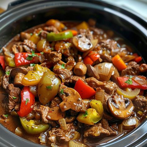 Crockpot Mushroom Pepper Steak - Yeyfood.com: Recipes, cooking tips, and kitchen hacks for home cooks of all levels Crockpot Beef Tips With Mushrooms, Crockpot Mushroom Pepper Steak, Crockpot Steak And Peppers, Pepper Steak In A Crockpot, Beef Tips And Mushrooms Crockpot, Crockpot Pepper Steak Recipes, Sirloin Steak Recipes Crockpot, Pepper Steak Recipe Crock Pot, Mushroom Pepper Steak