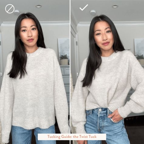 Baggy Sweater Work Outfit, How To Style Oversize T Shirt, Tucking Oversized Sweater, How To Wear A Oversized Sweater, How To Make An Oversized Sweater Fit, Oversized Sweater Hack, Tuck Oversized Sweater, Tuck In Oversized Sweater, How To Style Oversized Knit Sweaters