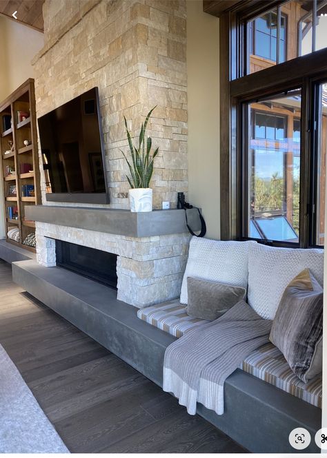 Sitting Hearth Fireplace, Fireplace Hearth Seating Ideas, Open Hearth Fireplace Modern, Concrete Fireplace With Tv, Long Hearth Fireplace, Fireplace Concrete Hearth, Fireplace Hearth Seating, Bench Under Fireplace, Fireplace With Built In Benches