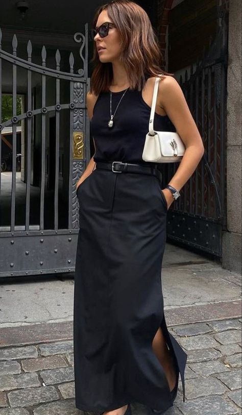 Summer Outfits Monochrome, Black Utility Skirt Outfit, Straight Long Skirt Outfits, Brown One Shoulder Top Outfit, Straight Maxi Skirt Outfit, Maxi Skirt Business Casual, Tailored Maxi Skirt Outfit, Black Maxi Skirt Outfit Ideas Summer, Sleek Relaxed Maxi Skirt