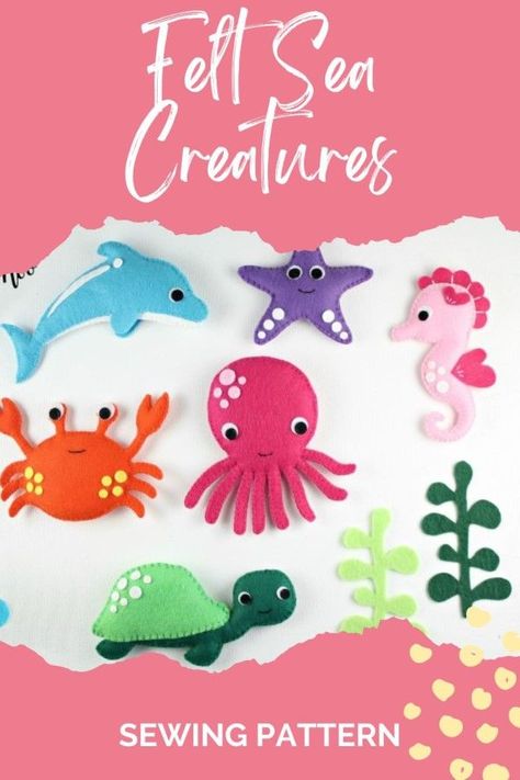 Felt Sea Creatures sewing pattern. These gorgeous ocean creatures are all stitched entirely by hand and are the perfect sewing patterns for beginners. You can use these finished Felt Sea Creatures for all kinds of things like as a toy, baby mobile, garland, ornament, cake topper, party favor, etc. SewModernKids Felt Ocean Animals Free Pattern, Felt Sea Creatures Patterns Free, Felt Ocean Animals, Felt Sea Animals, Felt Sea Creatures, Animal Felt Patterns, Felt Patterns Free, Sea Baby Shower Theme, Art Gala