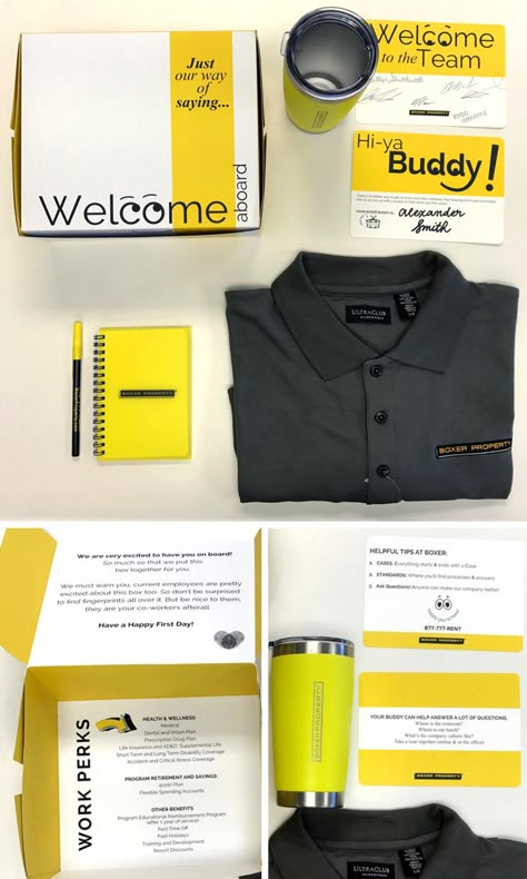 Introducing Boxer's New Hire Kit!  Our HR and Marketing teams have collaborated to create a welcome kit for our newest employees containing everything needed to survive their first day. A few things our new hires will find in the kit:  Welcome to the Team: Tips for their first day on the job  Work Perks: List of available benefits  Hi-ya Buddy: An assigned team member to show them the ropes  And a load of Boxer goodies!  It's our way of welcoming our newest team members to the Boxer family :) New Customer Welcome Kit, Welcome Kit Employee New Job, Employee Welcome Pack, Welcome Box New Employee, Company Welcome Kit, Employee Onboarding Kit, Welcome Kit Design, New Hire Welcome Kit, Welcome Kit Ideas