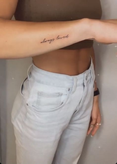 Tattoos To Get For Ur Mom, Word Tattoo Locations For Women, Always Loved Tattoo, Rose Word Tattoo, Dainty Cursive Tattoo, Small Cursive Tattoo, Inside Elbow Tattoos For Women, Fine Line Wrist Tattoo, Know Your Worth Tattoo