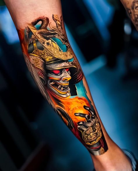 Japanese Ink on Instagram: “Fantastic Japanese samurai tattoo by @ata.ink. The colors on this one are just incredible! #japaneseink #legtattoo #japanesetattoo…” Japanese Samurai Tattoo, Japanese Forearm Tattoo, Japanese Warrior Tattoo, Samurai Tattoo Sleeve, Japanese Leg Tattoo, Colored Tattoo, Samurai Warrior Tattoo, Japanese Tattoos For Men, Colored Tattoo Design