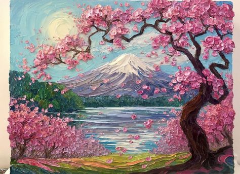 Sakura Tree Painting, Sakura Drawing, Sakura Painting, Oil Palette, Gold Art Painting, Oil Painting Nature, Japan Painting, Art Painting Tools, Sakura Tree