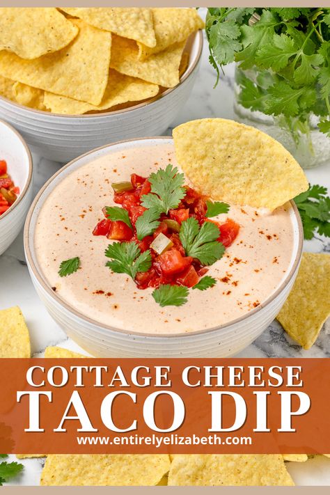 Creamy 3-ingredient Cottage Cheese Taco Dip ready in 5 minutes! Protein-packed, no-bake appetizer perfect for hot days. Serve with chips or veggies for a crowd-pleasing snack. Buffalo Dip With Cottage Cheese, Cottage Cheese Greek Yogurt Dip, Cottage Cheese Rotel Taco Seasoning, Hot Cottage Cheese Dip, Mexican Cottage Cheese Dip, Chip Dip With Cottage Cheese, Cottage Cheese And Rotel Dip, Low Carb Taco Dip, Low Cholesterol Dip Recipes