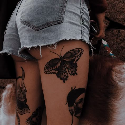 Americana Patchwork Tattoo, Mushroom Collar Bone Tattoo, Tattoed Legs Woman, Moth Tattoo Placement Ideas, Anti Valentines Day Outfit, American Traditional Feminine, Ladies Leg Tattoos, Leg Tattoo Placement Ideas, Moth Tattoo Leg