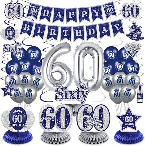 Amazon.com: Blue 60th Birthday Decorations for Men Women, 47Pcs Navy Blue Silver Happy 60th Birthday Banner Balloons Honeycomb Centerpiece Hanging Swirls Kit for Cheer to 60 Years Birthday Party Supplies Decor : Toys & Games 60th Birthday Decorations For Men, 60 Years Birthday, 60th Birthday Banner, Honeycomb Centerpiece, 60th Birthday Decorations, Birthday Decorations For Men, Happy 60th Birthday, 60th Birthday, Birthday Party Supplies