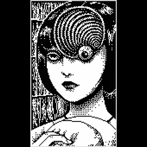 Frame from Manga "Junji Ito Collection" in pixel art style. Black and white artwork. 1bit pixel art. Junji Ito Pattern, Manga Cross Stitch, Junji Ito Perler Beads, Junji Ito Cross Stitch, Junji Ito Pixel Art Grid, Junji Ito Alpha Pattern, Junji Ito Crochet, Junji Ito Pixel Art, 1 Bit Pixel Art