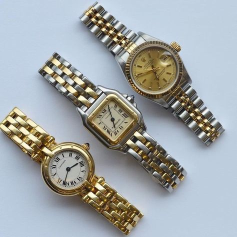 Cartier Steel Watch, Gold And Silver Watches, Two Tone Cartier Watch, Cartier Two Tone Watch, Silver Gold Watch, Mixed Metal Watches Women, Silver And Gold Watch Women, Gold Silver Watch, Vintage Rolex Women