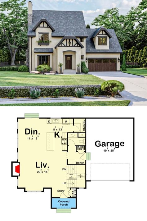 Discover the charm of this 3-bedroom two-story European cottage with an open concept living space and a double garage. The spacious floor plan offers plenty of room for family gatherings and entertaining. With its European-inspired design and modern amenities, this home is perfect for those seeking both style and comfort. #EuropeanCottage #OpenConceptLiving #DoubleGarage #FloorPlan Wooden Trim, European Cottage, Garage Floor Plans, Tudor House, Open Space Living, Built In Bench, Double Garage, Garage Floor, Second Story