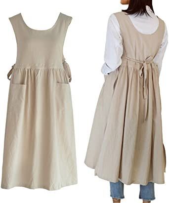 Women Plus Size Cotton Linen Vintage Pleated Split Apron Pinafore Dress with Two Pockets Linen Apron Pattern, Vintage Apron Dress, Apron Dress Pattern, Plus Size Apron, Vintage Pinafore, Linen Dress Pattern, Artist Smock, Apron Pinafore, Farm Dress