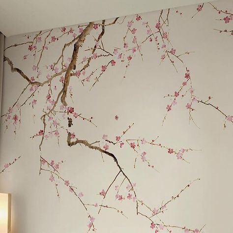 The Mural Source on Instagram: "Four canopy murals to inspire your next project:   • Cherry Blossoms White: This unique, modern wallpaper fits a variety of room styles and color palettes. • Bonmaison Beige: A unique chinoiserie mural that features vines and birds descending from above, filling the scene with playful whimsy. • Cascade Florale: Inspired by flowering vines in a garden, this mural intertwines and drapes in a cascading fashion. It’s painted in a decidedly French style, suitable for transitional and modern interiors. • Willow: A modern interpretation of the elegant branches of a willow tree, rendered in a watercolor style with a vertical motif.  Samples are available at themuralsource.com." Cherry Blossom Painting On Wall, Painted Cherry Blossoms, Cherry Blossom Wall Mural, Cherry Blossom Room, Cherry Blossom Mural, Vine Painting, Painting Branches, Blossom Mural, Leaf Mural