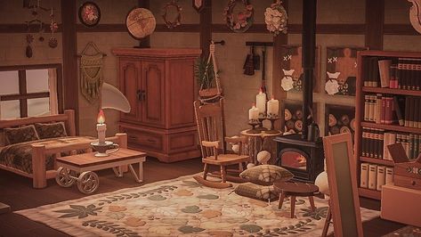 Acnh Ranch Bedroom, Acnh Fall Bedroom, Acnh Autumn House, Acnh Witch House, Acnh Cottagecore Bedroom, Acnh Bedroom Inspiration, Acnh House Interior Bedroom, Acnh Log Cabin House, Acnh Cozy Bedroom