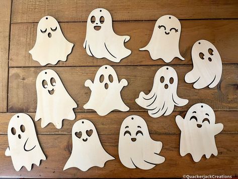 Set of 12 Playful Happy Ghost Garland - Whimsical Halloween Decor - Raw or Painted White Halloween Wooden Yard Cutouts, Ghost Cutouts, Halloween Painted Rocks, Halloween Cut Outs, Ghost Garland, Festive Wreaths, Ghost With Pumpkin, Happy Ghost, Halloween Ghost Decorations