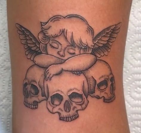 Angel Cherub Tattoo, Skulls Aesthetic, Cherub Tattoo Designs, Angel Tattoo For Women, Arm Tattoos Drawing, Tattoo Fine Line, Tattoo Angel, Feminine Skull Tattoos, Cherub Tattoo