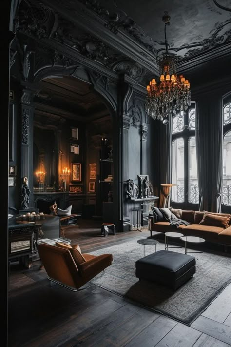 French Gothic Interior, Gothic Interior Design Modern, Gothic Home Decor Modern, Southern Gothic Decor, Fairytale Lifestyle, Modern Gothic House, Modern Gothic Interior, Academia Living Room, Gothic Living Room Ideas