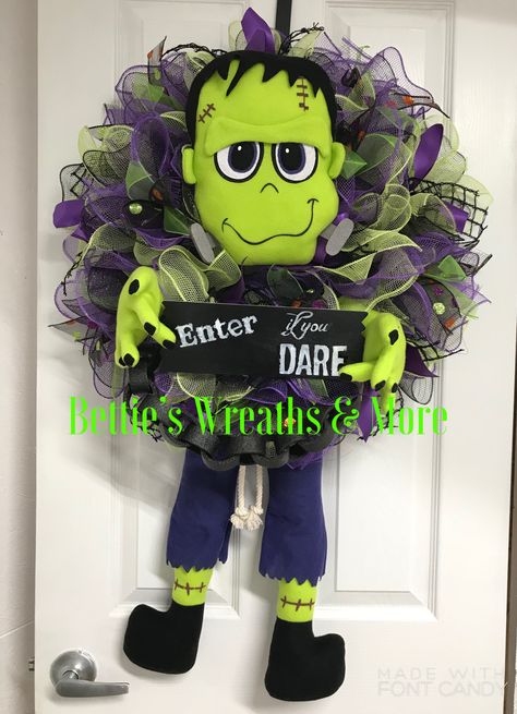 Frankenstein Wreath Frankenstein Wreath Diy, Dollar Tree Frankenstein Wreath, Frankenstein Wreath, Halloween Door Wreaths, Halloween Deco Mesh, Halloween Mesh Wreaths, Halloween Door, Halloween Deco, Fall Diy