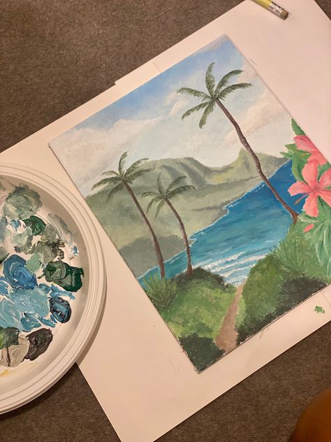 Beach Aesthetic Canvas Painting, Beach Aesthetic Painting Easy, Painting By The Beach Aesthetic, Painting On The Beach Aesthetic, Beachy Aesthetic Painting Easy, Hawaii Painting, Tropical Artwork, Parking Spot Painting, Boho Purse