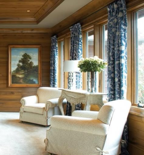 wonderful ceiling Pine Room Ideas, Curtains For Wood Paneled Walls, Wood Panel Vaulted Ceiling, Curtains For Knotty Pine Walls, Vaulted Ceiling Wood Paneling, Blue Pine Ceiling, Wood Panel Tray Ceiling, Pine Wood Celling Design, Knotty Pine Living Room