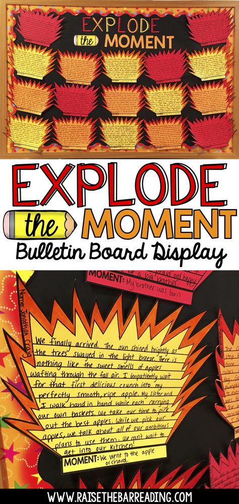 How I Teach Explode the Moment Writing   Explode the Moments Writing Strategy Poster, Graphic Organizer, and Writing Bulletin Board Display.  This teaching blog post shows how to teach explode the moment writing strategy to students from introducing it to then having students practice through the writing process. Great resource for writer's workshop! Instructional Writing Activities, Grade 6 Writing Activities, Grade 4 Writing Activities, Writing Bulletin Boards Elementary, 4th Grade Writing Activities, Writing Process Bulletin Board, Writing Display, Descriptive Writing Activities, Writing Bulletin Boards