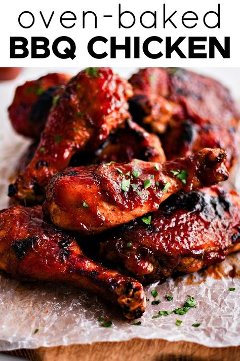 This Easy Baked BBQ Chicken Recipe is moist and juicy on the inside and deliciously charred and sticky on the outside. Super easy to make, it’s the best oven-baked barbecue chicken and perfect for year-round family dinners. Barbecue Chicken In The Oven, Easy Baked Bbq Chicken, Baked Barbeque Chicken, Baked Bbq Chicken Recipes, Oven Bbq Chicken, Oven Baked Bbq Chicken, Best Bbq Chicken, Bbq Chicken Recipe, Barbecue Chicken Recipe