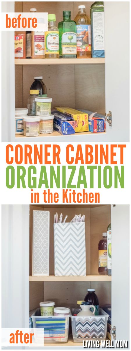 That tricky corner cupboard in your kitchen can be tough to organize! Here's a few simple ideas for making the most of that space without any fancy organizing tricks or purchases required! Corner Cupboard Organization, Organizing Containers, Corner Cabinet Organization, Corner Cupboards, Cupboard Organization, Medicine Cabinet Organization, Kitchen Cupboard Handles, Homemaking Tips, Corner Cupboard