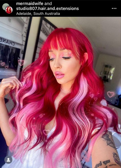 Red And Pink Underneath Hair, Red And Light Red Hair, Dark To Light Pink Ombre Hair, Bright Red Hair With Pink Highlights, Burgandy Hair Pink Highlights, Dark Pink With Light Pink Highlights, Strawberry Color Hair, Red Hair With Hot Pink Highlights, Cool Vivid Hair Color