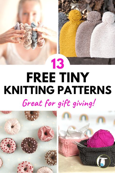 13 FREE Small Knitting Projects that Make Great Gifts! Quick and easy tiny knitting patterns include a bandana, hat, small basket, mini donuts, tiny purse keychain, hair scrunchies, bracelet, dog sweater, baby booties, rings, socks, and coin purse! Knit Ideas Creative, Knitting Patterns Easy Free, Knitting Crafts For Beginners, Medium Yarn Knitting Pattern, Quick Beginner Knitting Projects, Knitting Gifts Easy, Knitted Items That Sell, Knitting Patterns Small Projects, Free Small Knitting Patterns