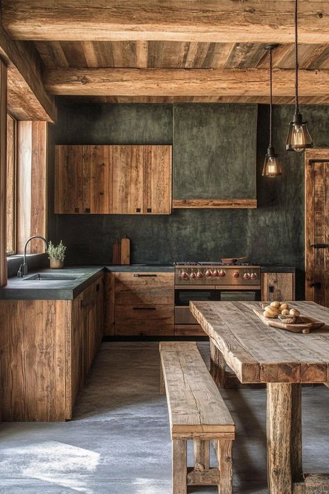 19 Rustic Kitchen Cabinets To Add Natural Beauty To Your Home - Courtneys World Raw Wood Decor, Concrete And Wood Kitchen, Natural Wood Cabinets Kitchen, Alder Wood Cabinets, Rustic Kitchen Cabinet, Natural Stone Backsplash, Metal Kitchen Cabinets, Cabinet Color Ideas, Kitchen Cabinet Color Ideas