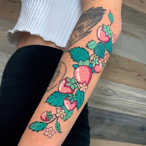 Tattoo Ideas Strawberry, Strawberry Vine Tattoo, Strawberry Vine, Arm Tattoo Ideas, Strawberry Tattoo, Vine Tattoo, Food Tattoos, Funky Tattoos, Kawaii Tattoo