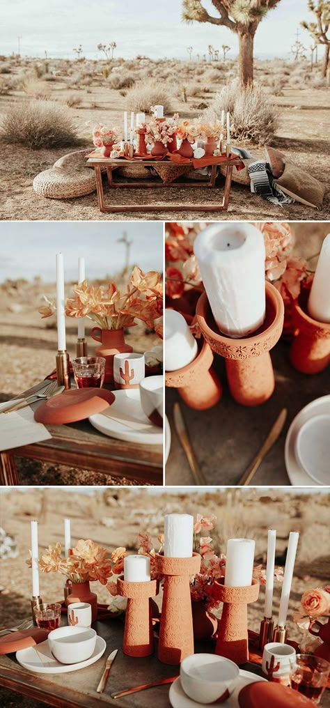 Black And Terracotta Table Setting, Terra Cotta Tablescape, Desert Glam Wedding, Boho Wedding Ideas Receptions, Bohemian Table Settings, Terra Cotta Wedding, Terracotta Table, Glam Table, Joshua Tree Wedding