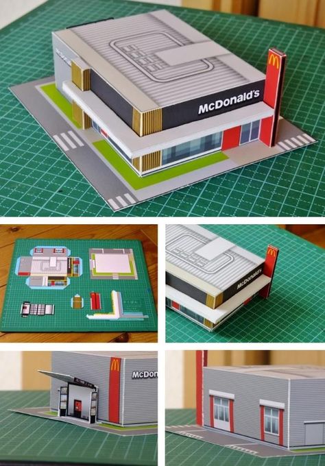 City Paper Craft, Mcdonalds Papercraft, Free Paper Models Building, Paper Diorama Templates Free Printable, Papercraft Printable Free Paper Models, Paper Models Printable, Paper City Printable, Mcdonalds Restaurant, Mechanic Shop Decor