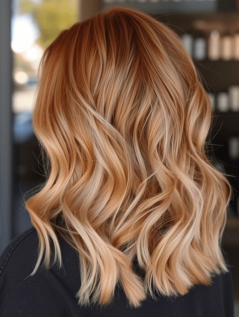 Blond Red Balayage, Natural Redhead Blonde Money Piece, Blonde Or Red Hair, Ginger Blonde Balayage Copper Hair, Peachy Highlights Hair, Golden Blonde Pale Skin, Copper Babylights On Blonde Hair, Strawberry Blonde Lob With Bangs, Short Blonde Red Hair