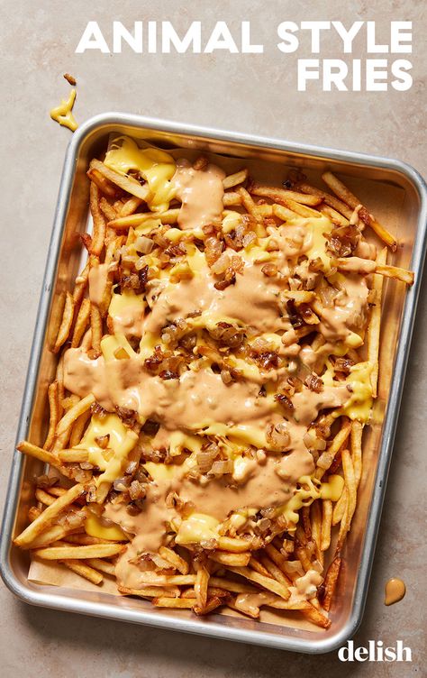 Animal-style fries might be from a secret menu, but they’re also pretty simple—crispy golden shoestring fries get covered with American cheese slices, grilled onions, and creamy Thousand Island-esque dressing. Animal Style Fries Recipe, Fries Aesthetic, Aesthetic Finder, Animal Fries, Animal Style Fries, Food Plates, Superbowl Appetizers, Food Aesthetics, Fries Recipe