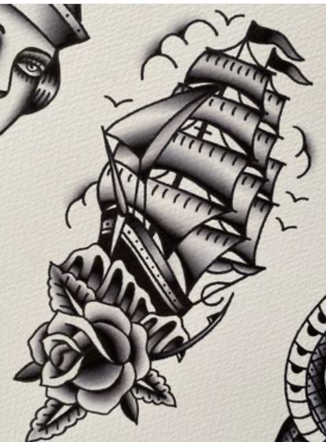 Traditional Ship Tattoo Flash, American Classic Tattoo, Traditional Nautical Tattoo, Traditional Ship Tattoo, Nautical Tattoo Sleeve, Pirate Ship Tattoo, Traditional Black Tattoo, Traditional Tattoo Old School, Old Scool