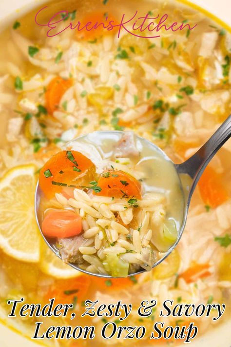 Enjoy this Lemon Orzo Soup recipe featuring tender chicken, savory veggies, and zesty lemon—perfect for a cozy meal or refreshing change in flavors. The orzo adds heartiness, while the lemon zest and juice brighten every spoonful.

Perfect comfort in a bowl! Quick, flavorful, and family-approved. Great soup for winter and fall!

See errenskitchen.com for easy, delicious, and even quick recipes for breakfast, lunch, dinner, and desserts! Soup Recipes Lemon Chicken Orzo, Crock Pot Lemon Chicken Orzo Soup, Chicken Soup Recipes Orzo, Chicken Orzo Lemon Soup, Easy Lemon Chicken Orzo Soup, Orzo Lemon Chicken Soup, Chicken Orzo Recipes Soup, Lemon Chicken Orzo Soup Crockpot, Chicken Orzo Soup Recipes