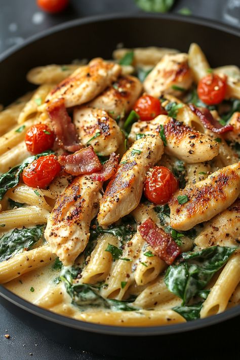 Chicken Bacon Tomato Pasta, Chicken Bacon Spinach Penne, Bacon And Chicken Recipes, Penne Pasta Recipes Chicken, Chicken Bacon Broccoli Pasta, Penne Alfredo Pasta, Chicken Alfredo Spinach, Bacon Spinach Pasta, Alfredo Penne Pasta