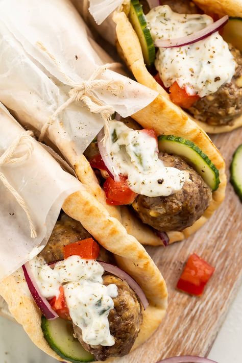 Gyro Meatballs Gyro Meatballs, Pork Souvlaki, Awesome Sandwiches, Juicy Meatballs, 40 Aprons, Veggie Bowls, Sub Sandwich, Restaurant Style Recipes, Homemade Tzatziki Sauce