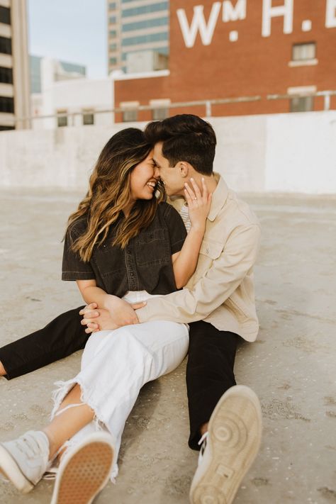 Casual Rooftop Engagement Photos, Couples Photoshoot Location Ideas, Engagement Pictures Rooftop, Rooftop Couple Photoshoot Formal, Couple Photography Poses In The City, Parking Lot Engagement Photos, Rooftop Parking Garage Engagement Photos, Rooftop Couples Session, Casual Engagement Pictures City